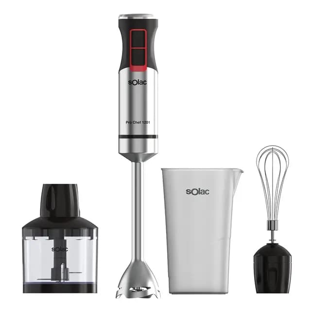 Solac - Batidora de Mano Pro Chef 1201, 1200W, 21 Velocidades Ajustables + Turbo, 4 Cuchillas Acero Inoxidable, Pica Hielo, Antisalpicaduras, Accesorios Incluidos, Vaso Medidor, Negro y Metálico