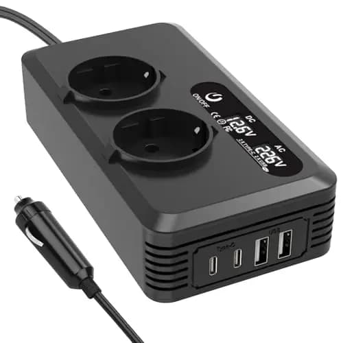 Transformador de voltaje para coche, 200 W, inversor de 12 V a 220 V, con 2 enchufes de carga, 2 puertos USB y 2 Type-C, adaptador para encendedor de cigarrillos, enchufe para teléfonos móviles