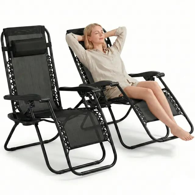 FORA Pack 2 Tumbonas Jardín Exterior Plegables – 176×67×110 Cm, Tubo 25mm y Tejido Transpirable, Color Negro, Reclinables con Bloqueo de Seguridad, Cojín Incluido, Plegado Rápido, 120Kg