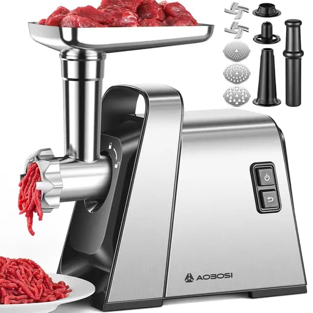 AAOBOSI Picadora De Carne, 3-EN-1 Picadora De Carne Eléctrica [3000w Max] Con 2 Cuchillas, 3 Placas De Corte De Acero Inoxidable, 1 Tubo Para Rellenar Salchichas, 1 Kit Kubbe