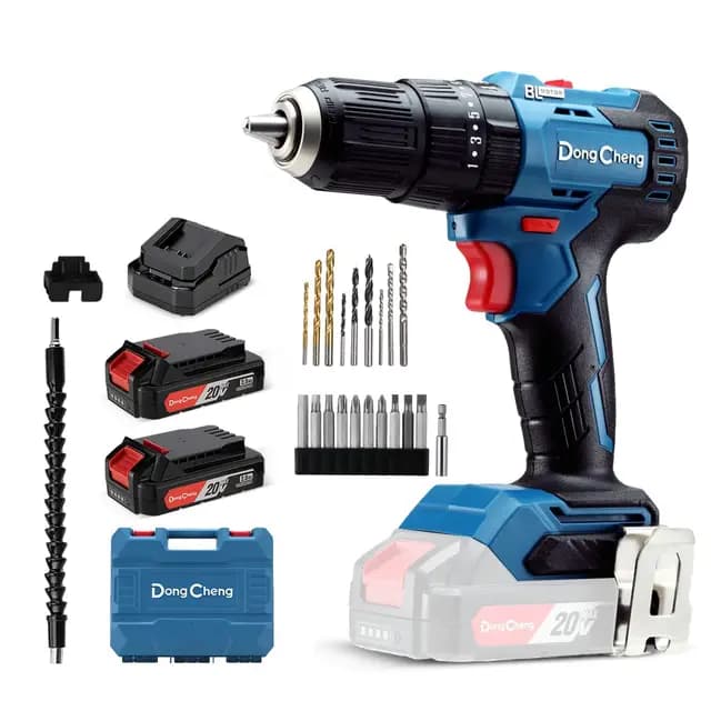 Dong Cheng Taladro Percutor a Bateria 20V 50Nm, taladro atornillador batería con 2x2.0Ah baterías, 20+3 Ajuste Par, Motore senza spazzole, 13mm Portabrocas Metálica, 2 velocidades