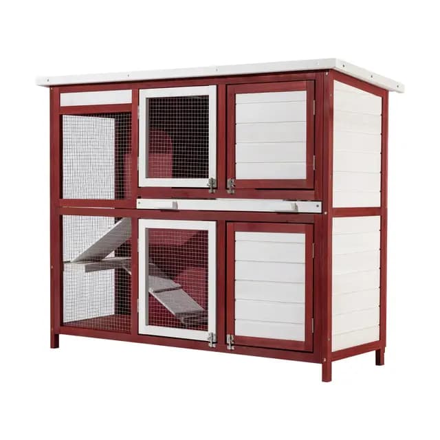 Conejera con Escalera y Dos Niveles Rojo y Blanco Caseta con Suelo extraíble y tejado Plegable