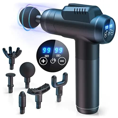 Pistola de Masaje Muscular, Masajeador Cervical y Espalda, 99 Niveles Ajustables, 6 Cabezales de Masaje, Pantalla LCD y Carga Tipo-C, Profesional Massage Gun para Aliviar el Dolor Muscular