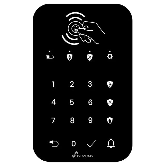 NIVIAN NVS-KEYPAD – Teclado Inalámbrico para Sistema de Alarma NVS-TOUCHALARM, Lector RFID, Botón de Timbre, Comunicación RF 433 MHz, Alcance 80 m, Batería Recargable, Anti-Manipulación