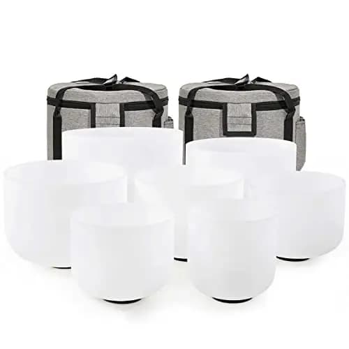 CVNC, Juego de 7 cuencos tibetanos de cristal de cuarzo esmerilado de 432 Hz de 15 cm a 30 cm, para terapia de sonido, meditación terapéutica, incluye 2 estuches de regalo