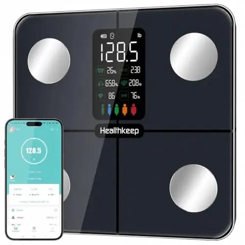 Báscula Grasa Corporal Healthkeep Báscula de Baño, Básculas Inteligentes Digitalescon Función de Frecuencia Cardíaca,15 Datos Corporales,Pantalla VA Extra Grande,Negro