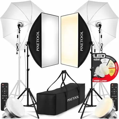 Estudio Fotográfico – Softbox Bombillas - 2 Softbox 50x70 cm, 2 Paraguas Reflectante Parabólico, 2 Luces a LED 4800 Lúmenes 3000-6000K - Caja de Luz Fotografía - Fotografia Gaming Streaming