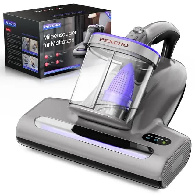 PEXCHO Aspirador de ácaros PM600 con luz UV, 500 W, para alérgicos, Elimina el 99,9% de los ácaros del Polvo, alérgenos, Pelo de Animales de colchones, alfombras y sofás