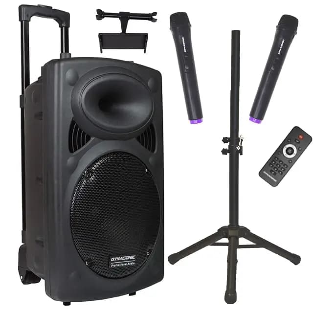 DYNASONIC Dynapro Altavoz Autoamplificado Potente 15"/1000W, Altavoz Bluetooth Portátil 2 Micrófonos, Sistema PA, TWS, USB/SD y Batería Larga Duración. Ideal para Exterior – Imagen 1
