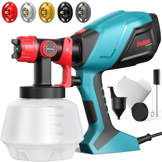 ENEACRO HVLP Pistola de Pintura, 700W Pulverizador Eléctrico con Contenedor de 1200ml, Flujo y Ángulo de Rociado Ajustables, 5 Boquillas de Latón para Interiores y Exteriores