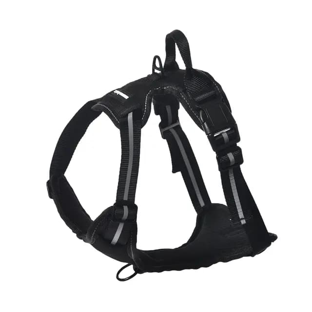 Amazon Basics Arnés para perro con diseño sin tirones, ajustable, suave, acolchado, chaleco, con tiras reflectantes, tamaño Medio, Color negro