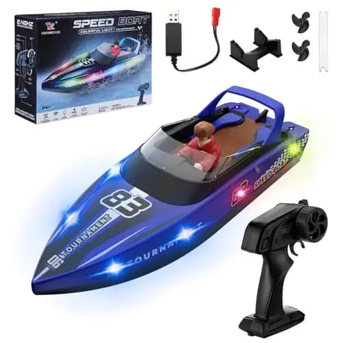 Barco Teledirigido Barco RC con luz LED 15 KM/H Control Remoto 2,4 GHz Bote De Carreras Rápido para Niños Juguete de Piscina Bote Eléctrico para Mares Piscinas Lagos (Azul)