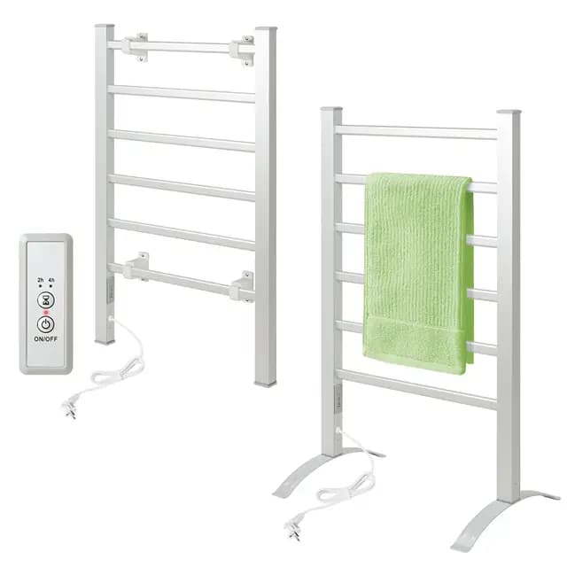Todeco Toallero Eléctrico Baño con Temporizador, 2 en 1 Calienta Toallas Electrico de pie y Montaje en Pared, Toallero Eléctrico de Bajo Consumo, Aquecedor de Toalhas, 6 Barras