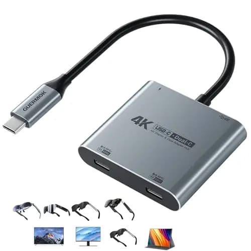 Guermok Hub de Pantalla USB-C Dual 4 en 1, Salida de Video 4K@60Hz, Entrada PD 100W y USB 3.0 5Gbps, Compatible con Gafas AR, Switch 2, portátiles, monitores portátiles y Pantallas USB-C (Plata)