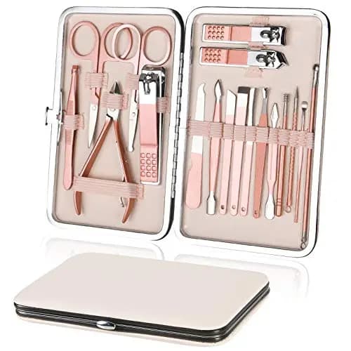 URAQT Manicura Pedicura Set, 18 Piezas Cortaúñas, Tijeras de Uñas con Herramientas Remover Cutícula, Acero Inoxidable, Profesional Cortaúñas para Viajes y hogar, con Caja de Cuero, Oro rosa