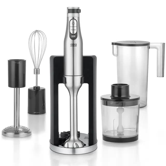 LEBENLANG Premium Set Batidora mano 1200w - Incl. 5x accesorios & protector contra salpicaduras I Infinitamente ajustable & turbo I Trituradora de alimentos Minipimer Blender Batidoras brazo Mixer