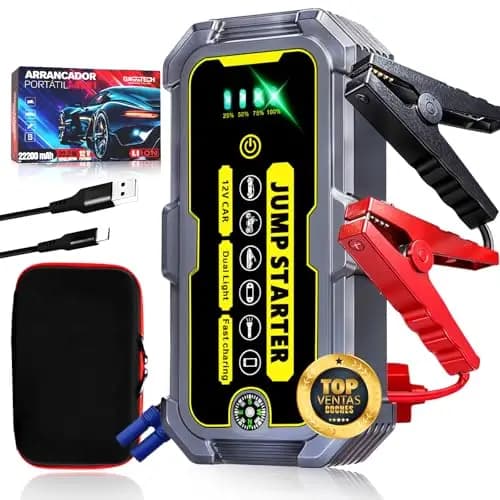 GARRTECH® SUPER Arrancador De Baterias De Coche 10.000A ULTRA RÁPIDO | Arrancador De Coches 12V Para Motor 10L Gas o 9.0L Diésel | Arrancador De Coches Portatil con pinzas | Linterna Led De Emergencia