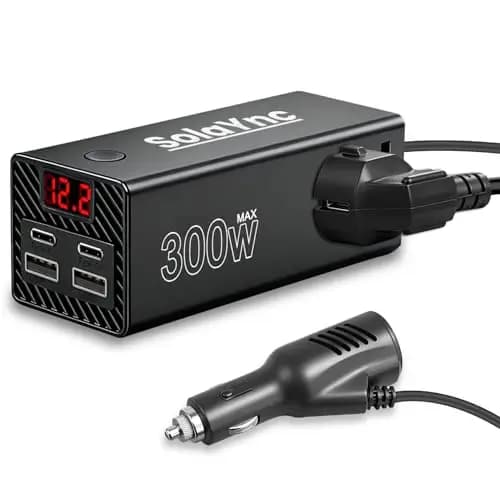 300W Convertidor de tensión para vehículos de 12 V/24 V a 230 V, con enchufes internacionales y Pantalla LED, 2 Puertos USB-A y 2 Puertos USB-C, Apto para Coches, Barcos y caravanas.