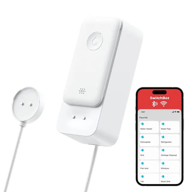 SwitchBot WiFi Sensor de Agua, Detector Inteligente de Fugas de Agua, 100dB Alertas Ajustables y de App, IP67 Impermeable, Detector Inalámbrico para Cocina, Baño, Sótano (Detector with Cable 1Pack)