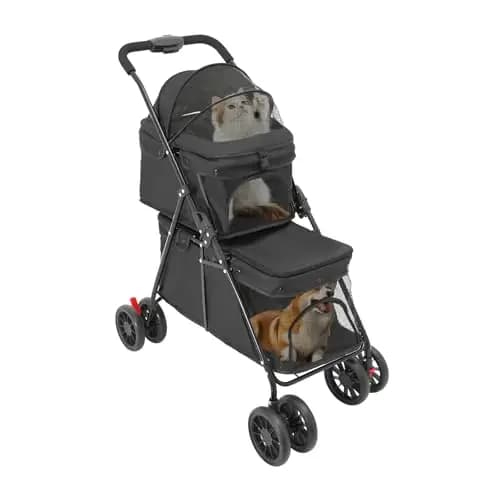 Carrito de mascotas de 2 capas para perros y gatos, plegable con ventana de red, freno y bolsa de almacenamiento, marco estable de acero al carbono, soporta hasta 40 kg, 95 x 60 cm (negro)