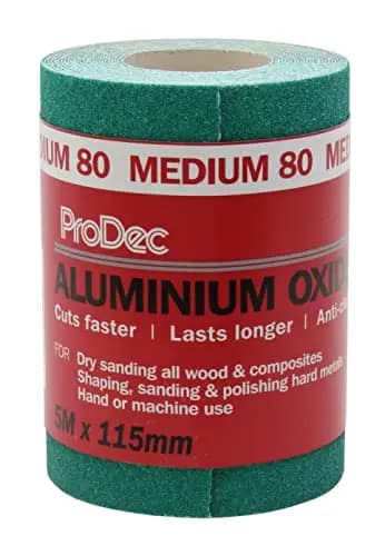 ProDec Rollo de 5 m de papel de lija abrasivo de óxido de aluminio verde de grano medio para lijar madera, pintura, yeso, masilla, metal y más, 115 mm de ancho, compatible con lijadoras a máquina