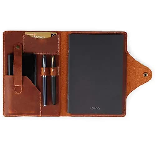 Londo Portafolio Cuero Genuino con Bloc Notas, Cierre a Presión, Minimalista, Tarjetero, Unisex - 23x18 cm