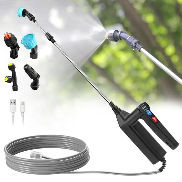 SYLSTAR Pulverizador Eléctrico 8m, 3 Velocidades Pulverizador Bateria Recargable, 7.4V Potente Pulverizador Plantas con 4 Boquillas Ajustables para Jardín, Patio, Césped
