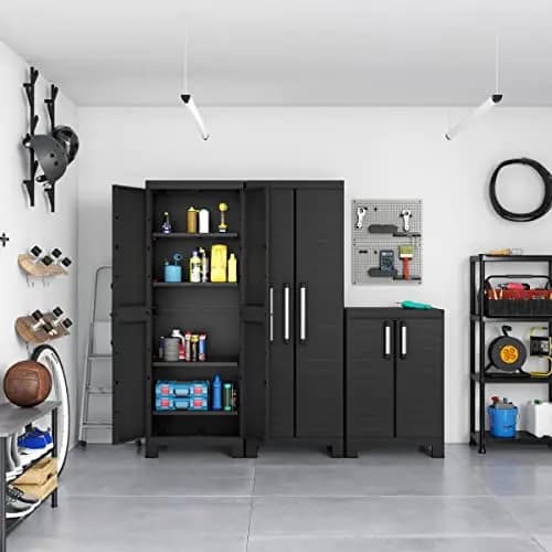 Keter Armario Detroit Alto|Amario Alto de almacenaje|Resina|2 Puertas y 4 baldas Regulables en Altura|Color Negro|182 x 65 x 45 cm
