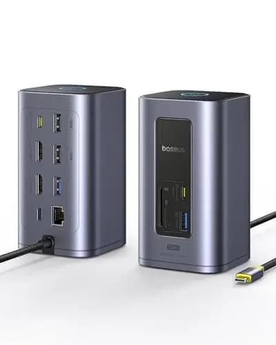 Baseus Nomos Air 12 in 1 Docking Station, Estación de Acoplamiento 2 Monitores para Windows, con 4K HDMI, 10Gbps USB-A/C, SD/TF, 100W PD, Ethernet, Compatible con portátiles HP/Lenovo/DELL/Acer