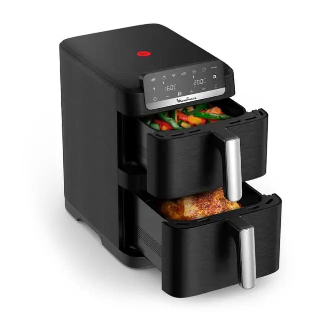 Moulinex Easy Fry Crispy Stack, Freidora de aire dual compacta, Dos cajones de 6 L y 4 L, Modo sync, Tecnología EvenFry, 7 modos de cocción + modo manual, Ahorra espacio, EZ7528F0