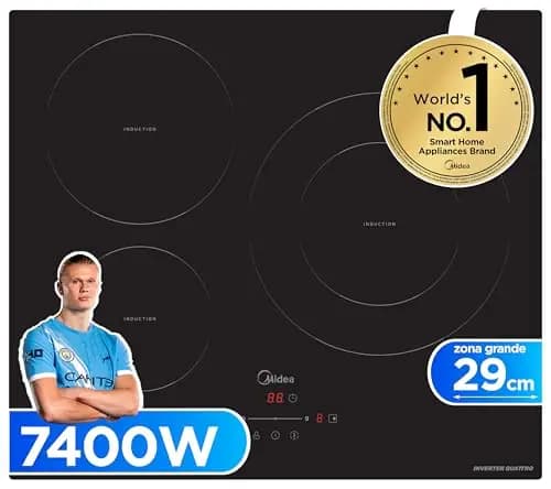 MIDEA Placa Inducción 3 fuegos 60 cm 7400 W - Vitroceramica Induccion Integrada con Panel de control tactil, Inverter quattro, 9 Niveles de Potencia, Booster, Indicador de Luz, y Temporizador