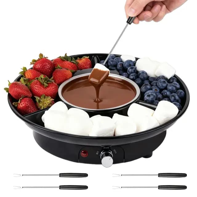 Set de Fondue de Chocolate Eléctrico, Olla de Chocolate de 280 ml con 2 Niveles de Temperatura, Recipiente de Aluminio Extraíble, Bandeja de Servicio y 4 Tenedores, Ideal para Noches Románticas