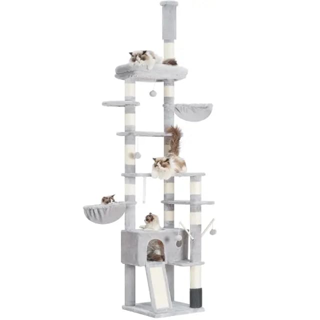 Hey-brother Rascador para Gatos XXL, Altura Ajustable, 250 cm-280 cm, Que llega hasta el Techo, Torre para Gatos Grandes, con Cueva, Gris Claro 0MPJ091W