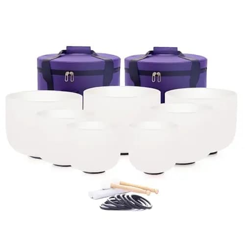 Hye-eun Juego de cuencos cantores de cristal, 432 Hz, 18-30 cm, con bolsa de transporte, 7 piezas, chakra de cuarzo esmerilado, cuenco cantor (17,8 – 30,5 cm)
