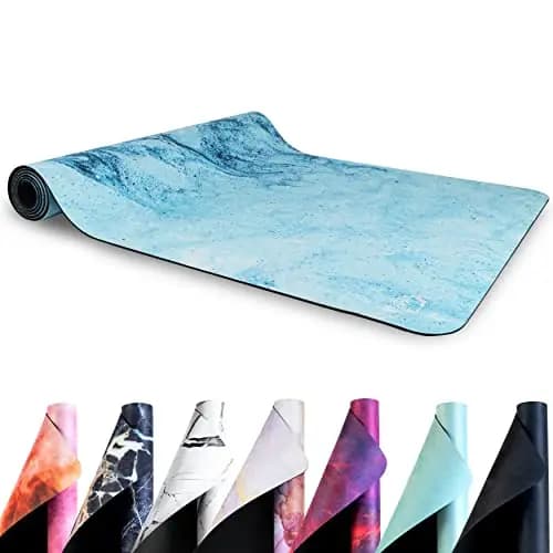 Esterilla de yoga de caucho natural ecológico y antideslizante, con diseño y correa de transporte, 183 x 68 x 4 mm (Blue Swirl)