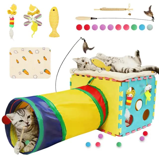 XIAPIA 7 Set Juguetes para Gatos, Juguete Interactivo para Gato con Cama y Túnel, DIY Nido de Gato de Fieltro con Ratones, Varita de Plumas, Peces, Bolas, Gatos Accesorios Juguetes Interiores