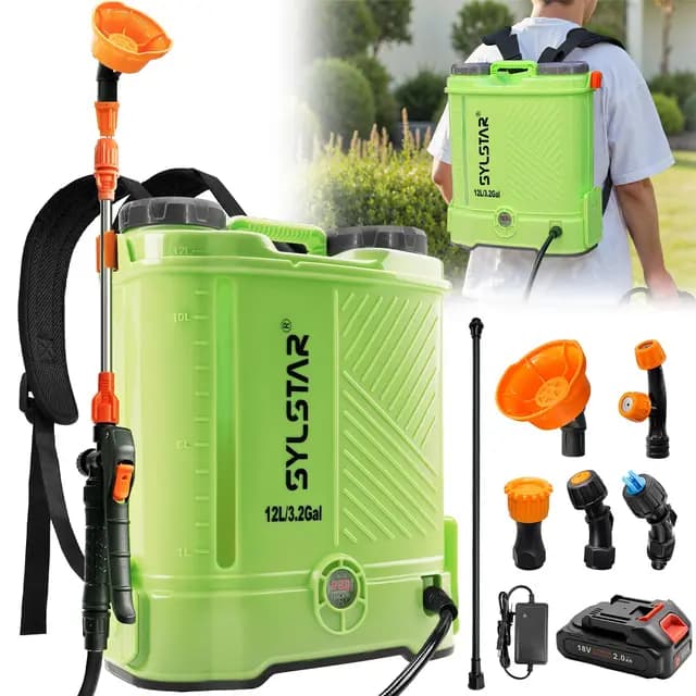 SYLSTAR Pulverizador Electrico 12L, 5.5Bar Potente Sulfatadora Bateria Compatible con Makita 18V, 5 Boquillas Pulverizador Bateria con Fuerza de Pulverización Ajustable (con Cargador)
