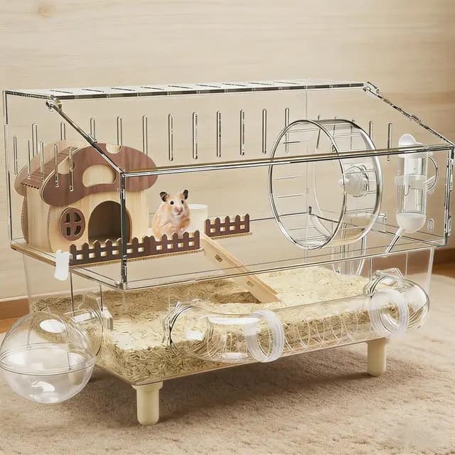 Jaula grande de acrílico para hámster, jaulas de jerbo de 2 capas con parte superior transparente completa, casa abierta para hámster con todos los accesorios para ratones de mascotas, hábitat grande