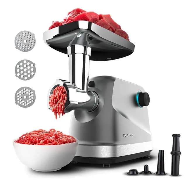 Cecotec Picadora Eléctrica de Carne Crusher 1400 Steel, 1360 W, Óptimo para Picar, Trocear y Cortar, 1 Cuchilla Acero Inox y 3 Placas de Corte con agujeros para 3 mm, 5 mm y 7 mm