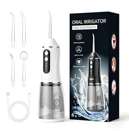 Irrigador Bucal Portatil, Irrigador Dental Inalámbrico Profesional 4 Boquillas 3 Modos, IPX7 Impermeable Depósito de 380 ML Tecnología de Agua Pulsada y Larga Autonomía para Hogar y Viajes