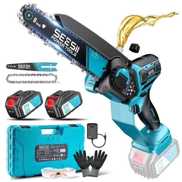 SEESII 6 & 8 Pulgadas Motosierra Bateria, 1000W Brushless, Mini Motosierra con 2*4000mAh Batería, Sierra Eléctrica para Podar con Lubricación Automática, Motosierras Pequeñas Árboles y Cortar Madera