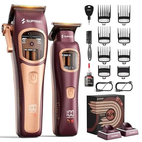 SUPRENT Maquina de Cortar Pelo Hombre, Cortapelos Profesional 8500-11000RPM Motor Vectorial Inteligente de Doble Bobina, Cortapelos Inalámbrico, Bases de Carga, Uso de Barbero (Rojo)