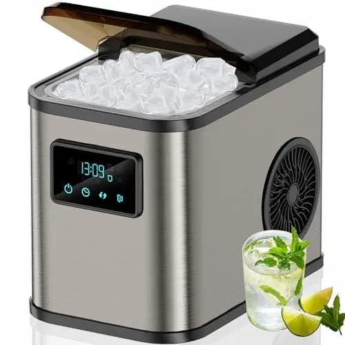 Máquina de Cubitos de Hielo de Acero Inoxidable Con Pantalla LED Función de Limpieza Depósito de Agua de 2 Litros Incluye Pala y Cesta 2 Tamaños Para Cocina