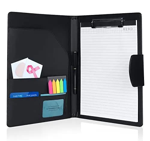 Agoer Portafolios Portapapeles Con Pinza a4, Carpeta A4 Piel de Cuero y Clip, Carpeta Con Pinza Negro, Carta estándar de Papel A4 y Bolígrafo