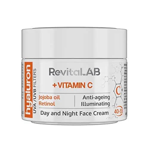 RevitaLAB - Crema antiarrugas de día y de noche con ácido hialurónico enriquecida con vitaminas A, B3, B5, E, C, aceite de jojoba y filtros UV, franja de edad 40-55, 50 ml