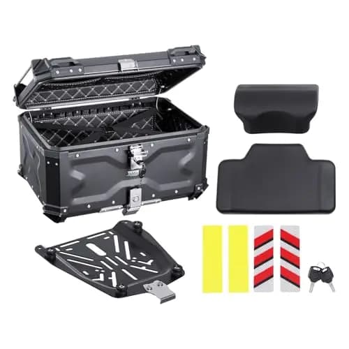 VEVOR Baúl para Motocicleta, Baúl Trasero Universal Aleación de Aluminio, con Forro de Cuero, 65 L, con Cerradura y Cojín Trasero, Apto para el 99% de los Cuadros de Motocicleta, 588 x 444 x 348 mm