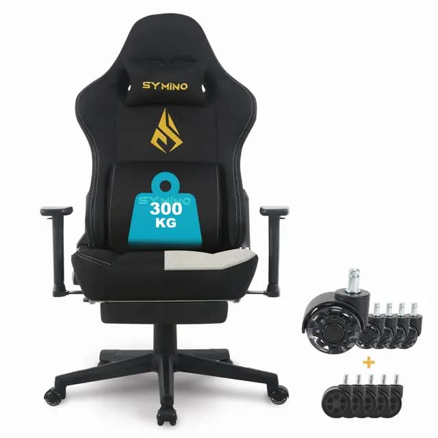 Symino Silla Gaming Ergonómica con Reposapiés, 150° Reclinable: Soporte Lumbar y Reposacabezas Regulable, Ajustable en Altura, Soporta hasta 200kg (Black)