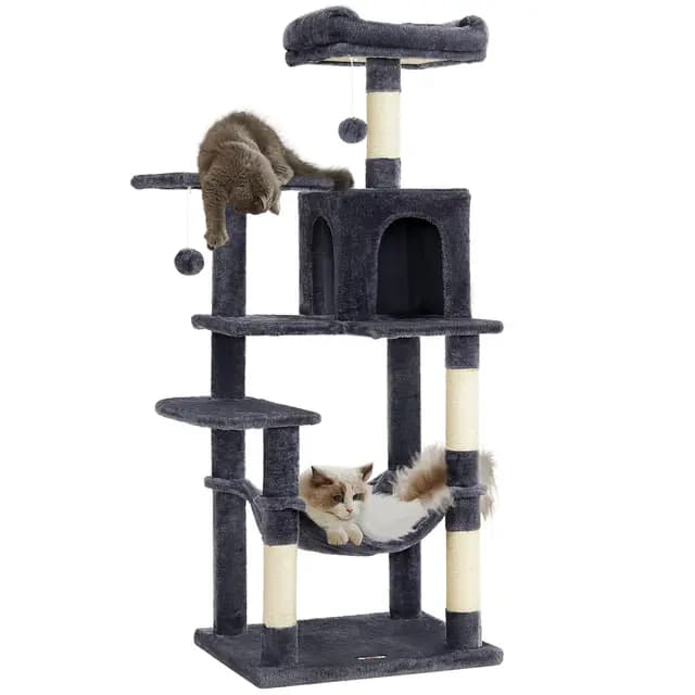 Feandrea Árbol para Gatos, Altura 143 cm, Torre de Gatos, con 4 Postes Rascadores, 2 Plataformas, 1 Cueva, 1 Hamaca, 2 Pompones, Tela de Felpa, Multinivel, Gris Ahumado PCT161G01