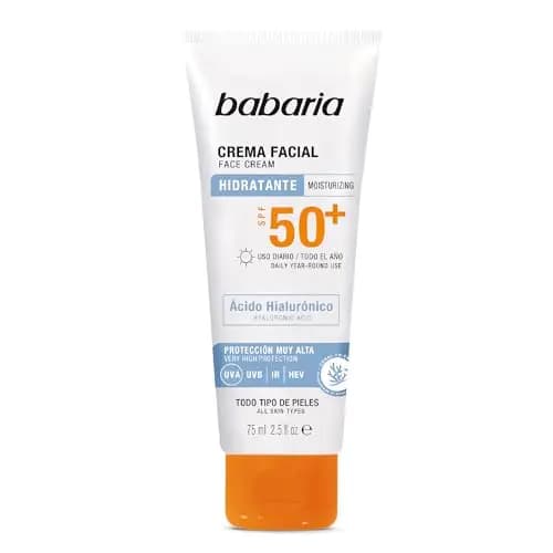 Babaria Crema Solar Facial SPF50+ con Ácido Hialurónico 75 ml – Hidratante, Antiarrugas y Antimanchas | Protector Solar 50 Facial UVA UVB e Infrarrojos