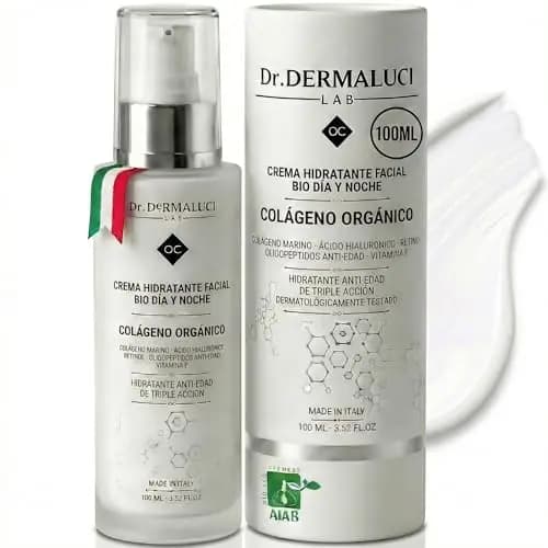 Dr. Dermaluci Crema Hidratante Facial Bio 100ml - Antiedad, Antiarrugas, Reafirmante - Con Colageno, Retinol, Acido Hialuronico, Vit E - Todo Tipo de Piel & Sensible - Mujer & Hombre - Made in Italy